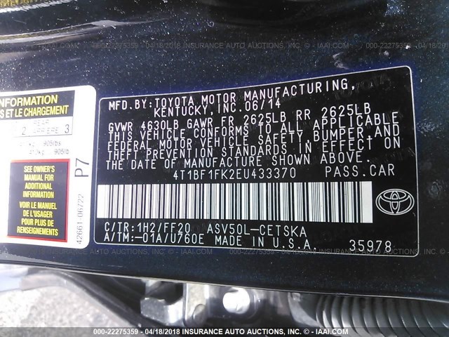 4T1BF1FK2EU433370 - 2014 TOYOTA CAMRY L/SE/LE/XLE მუქი ლურჯი ფოტო 9