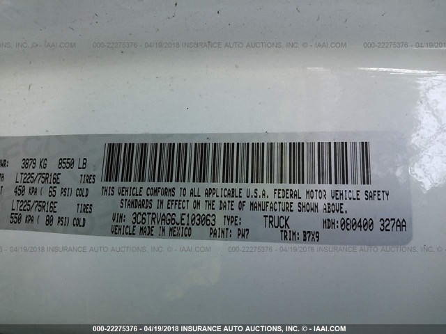 3C6TRVAG6JE103063 - 2018 RAM PROMASTER 1500 1500 STANDARD WHITE photo 9