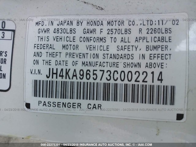 JH4KA96573C002214 - 2003 ACURA 3.5RL WHITE photo 9