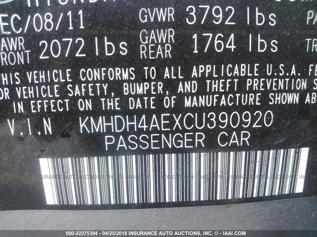 KMHDH4AEXCU390920 - 2012 HYUNDAI ELANTRA GLS/LIMITED GRAY photo 9