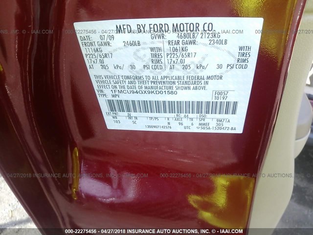 1FMCU94GX9KD01580 - 2009 FORD ESCAPE LIMITED RED photo 9