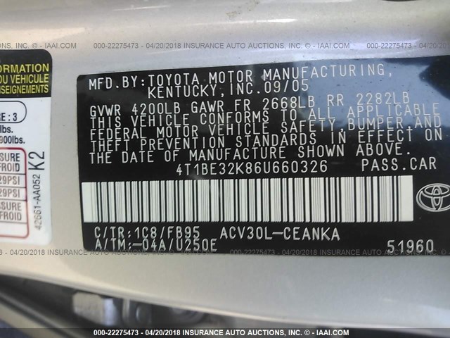 4T1BE32K86U660326 - 2006 TOYOTA CAMRY LE/XLE/SE SILVER photo 9