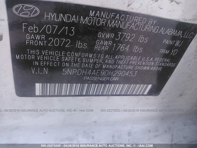 5NPDH4AE9DH290453 - 2013 HYUNDAI ELANTRA GLS/LIMITED WHITE photo 9