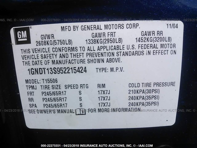 1GNDT13S952215424 - 2005 CHEVROLET TRAILBLAZER LS/LT BLUE photo 8