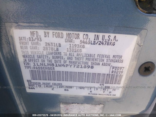 1LNLM81W4PY721898 - 1993 LINCOLN TOWN CAR EXECUTIVE Կապույտ լուսանկար 9