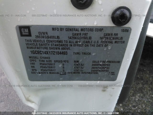 1GCEC14X17Z184493 - 2007 CHEVROLET SILVERADO C1500 CLASSIC WHITE photo 9