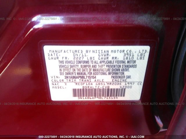 3N1AB6AP9BL715154 - 2011 NISSAN SENTRA 2.0/2.0S/SR/2.0SL RED photo 9