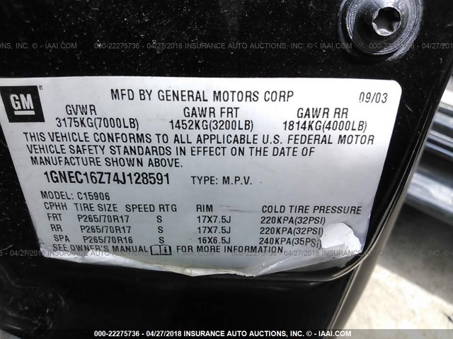 1GNEC16Z74J128591 - 2004 CHEVROLET SUBURBAN C1500 BLACK photo 9