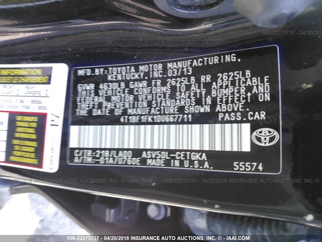 4T1BF1FK1DU667711 - 2013 TOYOTA CAMRY L/SE/LE/XLE BLACK photo 9