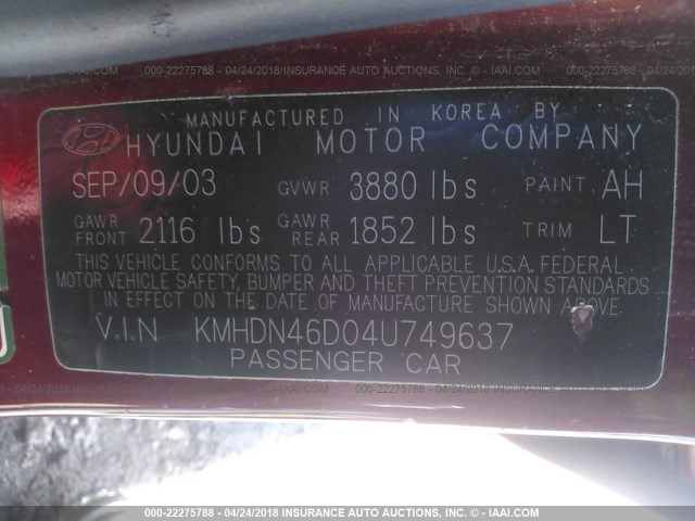 KMHDN46D04U749637 - 2004 HYUNDAI ELANTRA GLS/GT RED photo 9