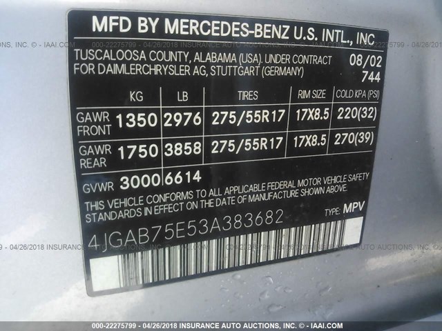 4JGAB75E53A383682 - 2003 MERCEDES-BENZ ML 500 SILVER photo 9