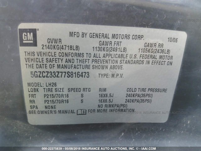 5GZCZ33Z77S816473 - 2007 SATURN VUE HYBRID WHITE photo 9