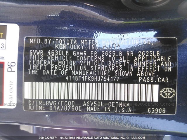 4T1BF1FK9HU794177 - 2017 TOYOTA CAMRY LE/XLE/SE/XSE BLUE photo 9