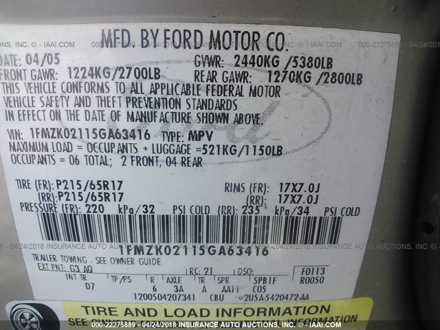 1FMZK02115GA63416 - 2005 FORD FREESTYLE SEL GOLD photo 9