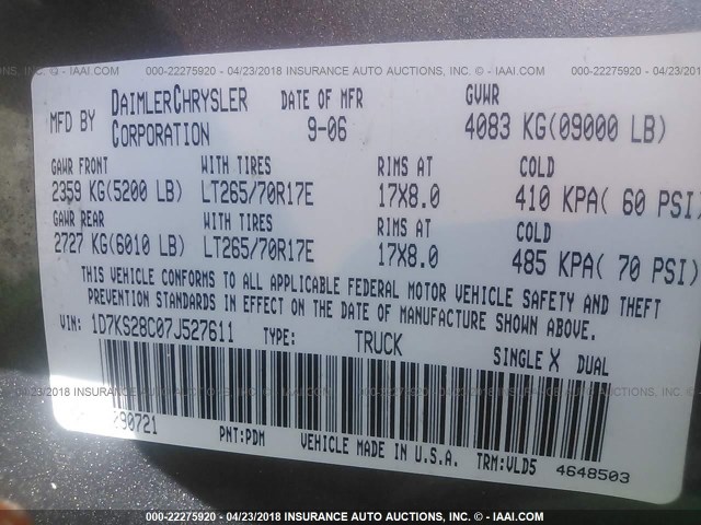 1D7KS28C07J527611 - 2007 DODGE RAM 2500 ST/SLT 灰色 照片 9