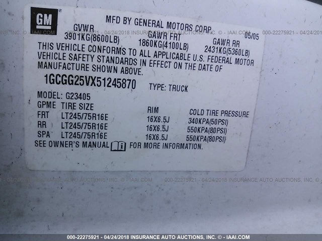 1GCGG25VX51245870 - 2005 CHEVROLET EXPRESS G2500  WHITE photo 9