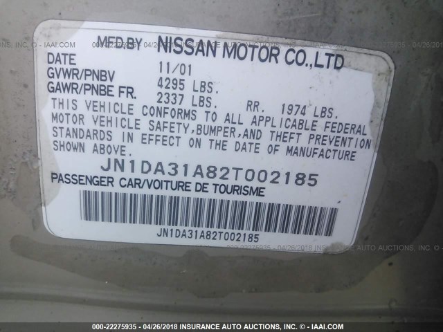 JN1DA31A82T002185 - 2002 NISSAN MAXIMA GLE/SE GOLD photo 9