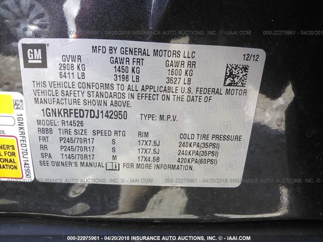 1GNKRFED7DJ142950 - 2013 CHEVROLET TRAVERSE LS GRAY photo 9