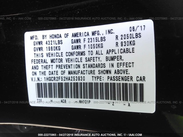 1HGCR2F52HA253930 - 2017 HONDA ACCORD SPORT 黑色 照片 9