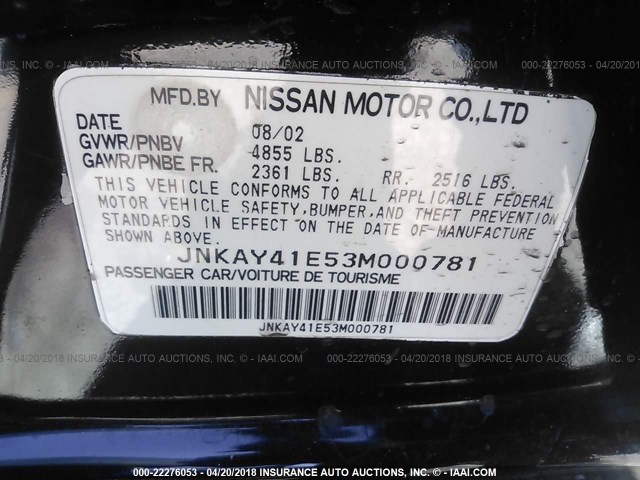 JNKAY41E53M000781 - 2003 INFINITI M45 BLACK photo 9