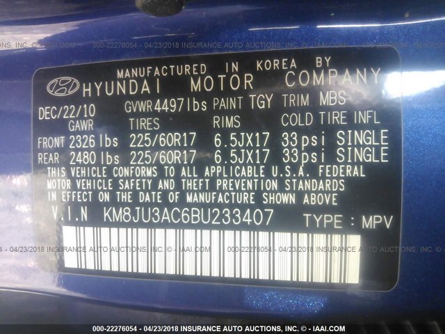 KM8JU3AC6BU233407 - 2011 HYUNDAI TUCSON GLS/LIMITED BLUE photo 9