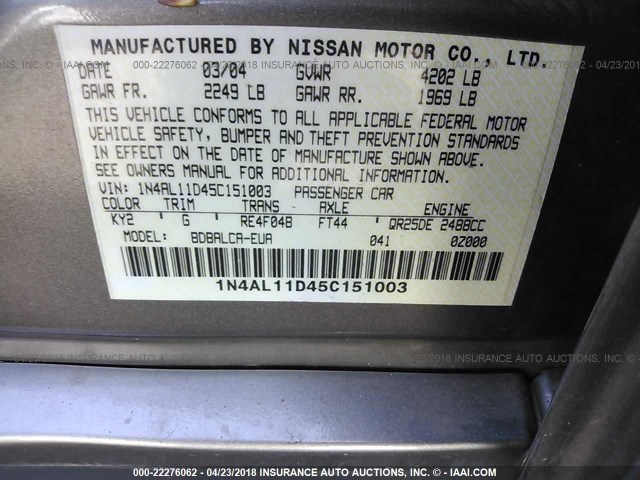 1N4AL11D45C151003 - 2005 NISSAN ALTIMA S/SL TAN photo 9