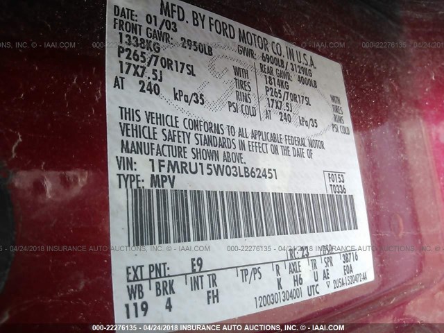 1FMRU15W03LB62451 - 2003 FORD EXPEDITION XLT Rot Foto 9