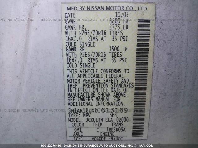 5N1AR18UX6C613169 - 2006 NISSAN PATHFINDER LE/SE/XE WHITE photo 9