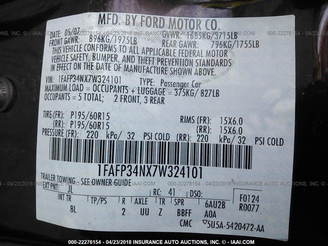 1FAFP34NX7W324101 - 2007 FORD FOCUS ZX4/S/SE/SES 勃艮第红 照片 9