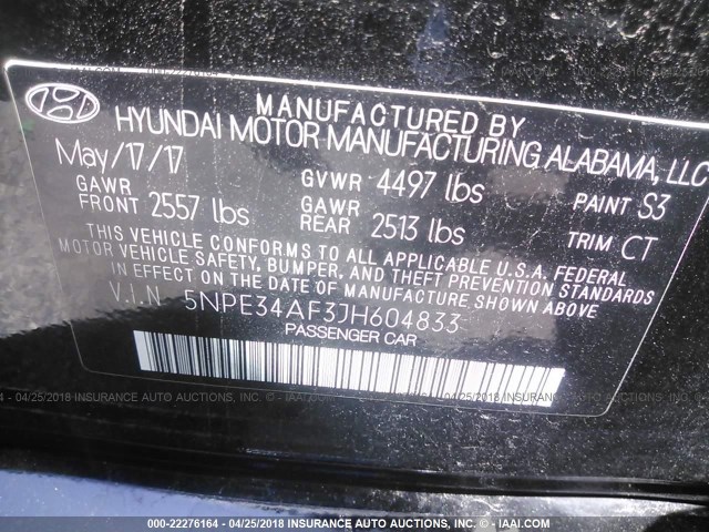 5NPE34AF3JH604833 - 2018 HYUNDAI SONATA SPORT/LIMITED BLACK photo 9