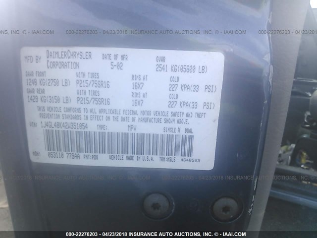 1J4GL48K42W351054 - 2002 JEEP LIBERTY SPORT 蓝色 照片 9