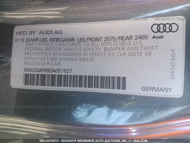 WAUCGAFR9DA051627 - 2013 AUDI S5 PREMIUM PLUS GRAY photo 9