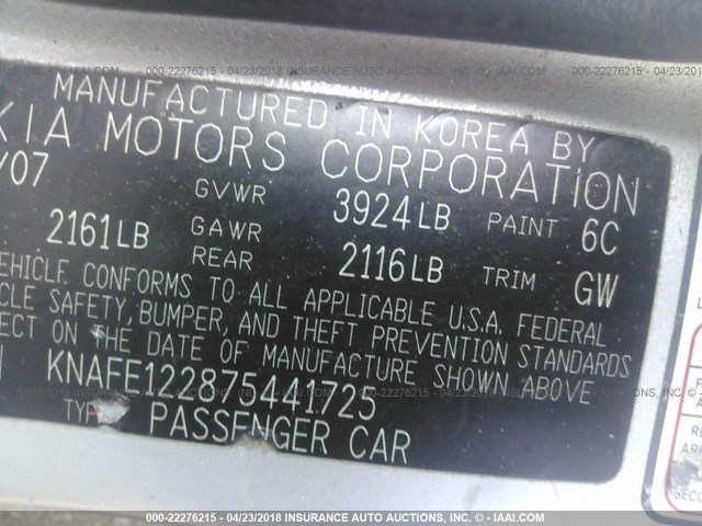 KNAFE122875441725 - 2007 KIA SPECTRA EX/LX SILVER photo 9