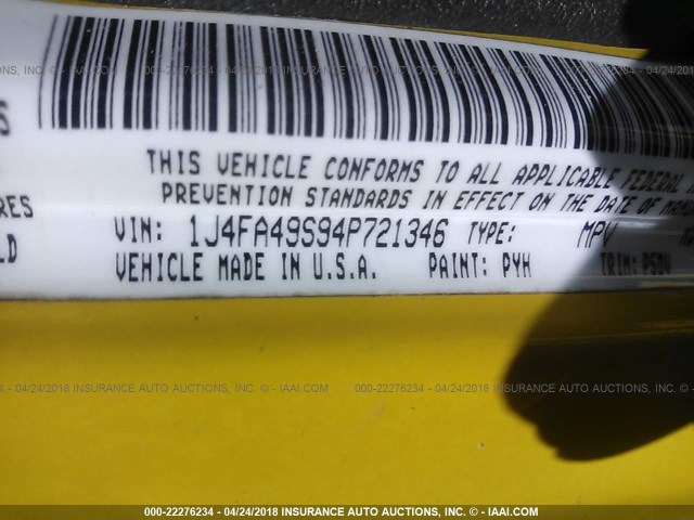 1J4FA49S94P721346 - 2004 JEEP WRANGLER / TJ SPORT YELLOW photo 9