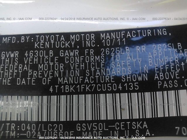 4T1BK1FK7CU504135 - 2012 TOYOTA CAMRY SE/XLE WHITE photo 9