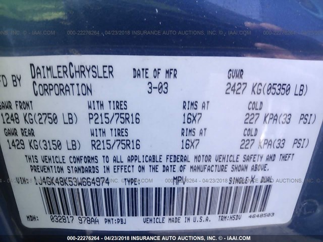 1J4GK48K53W664974 - 2003 JEEP LIBERTY SPORT/FREEDOM ლურჯი ფოტო 9