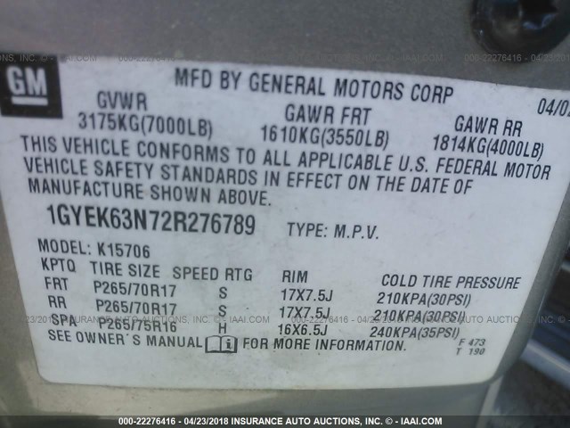 1GYEK63N72R276789 - 2002 CADILLAC ESCALADE LUXURY შამპანური ფოტო 9