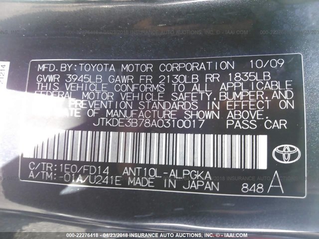 JTKDE3B78A0310017 - 2010 TOYOTA SCION TC 灰色 照片 9