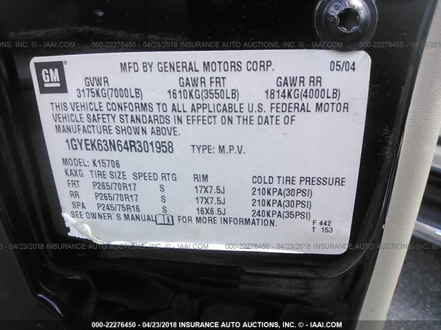 1GYEK63N64R301958 - 2004 CADILLAC ESCALADE LUXURY Qara foto 9