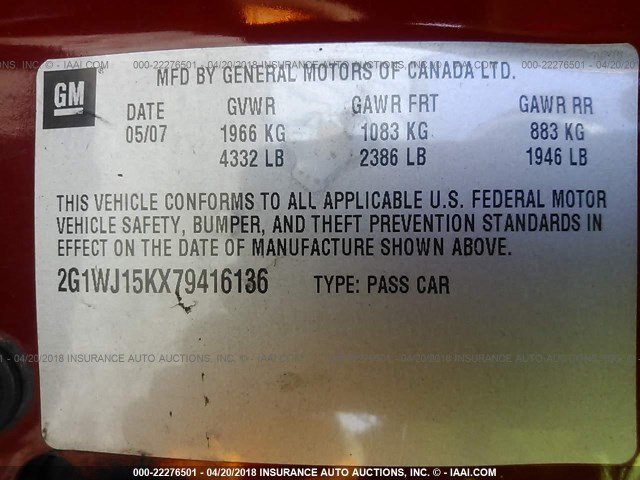 2G1WJ15KX79416136 - 2007 CHEVROLET MONTE CARLO LS წითელი ფოტო 9