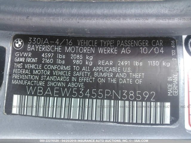 WBAEW53455PN38592 - 2005 BMW 330 XI GRAY photo 9