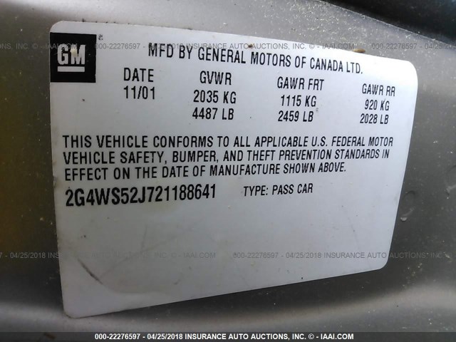 2G4WS52J721188641 - 2002 BUICK CENTURY CUSTOM BEIGE photo 9