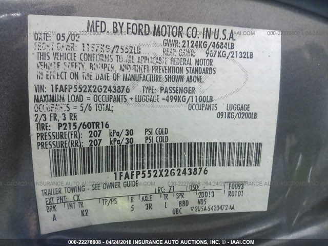 1FAFP552X2G243876 - 2002 FORD TAURUS SES GRAY photo 9