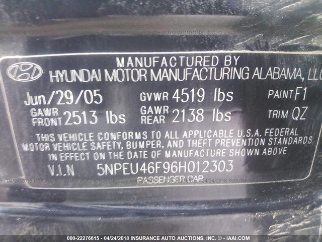 5NPEU46F96H012303 - 2006 HYUNDAI SONATA GLS/LX BLACK photo 9