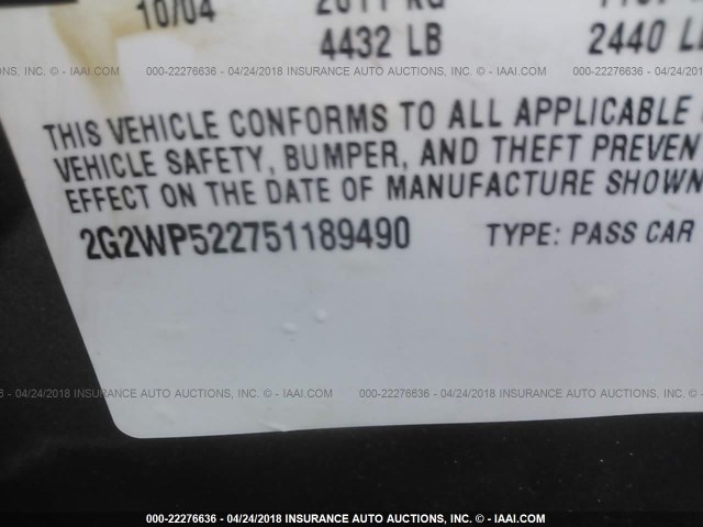 2G2WP522751189490 - 2005 PONTIAC GRAND PRIX ტალღისფერი ფოტო 9