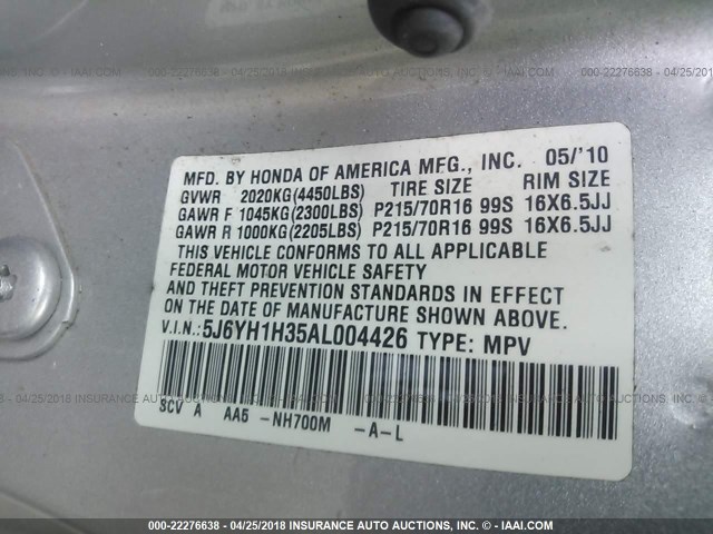 5J6YH1H35AL004426 - 2010 HONDA ELEMENT LX SILVER photo 9