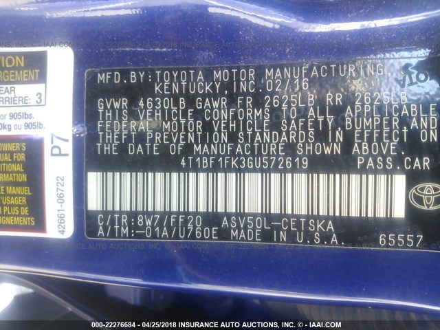 4T1BF1FK3GU572619 - 2016 TOYOTA CAMRY LE/XLE/SE/XSE BLUE photo 9