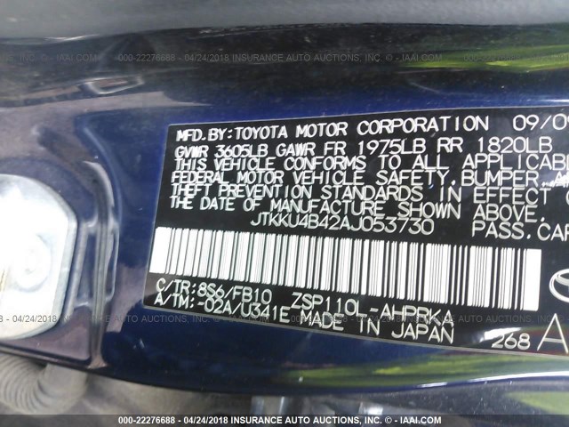 JTKKU4B42AJ053730 - 2010 TOYOTA SCION XD BLUE photo 9