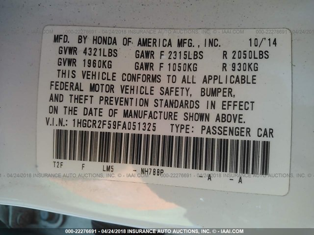 1HGCR2F59FA051325 - 2015 HONDA ACCORD SPORT 白色 照片 9