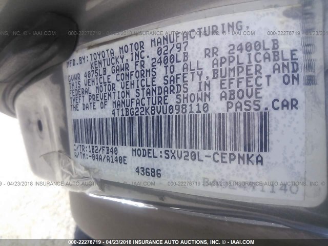 4T1BG22K8VU098110 - 1997 TOYOTA CAMRY CE/LE/XLE 银色 照片 9